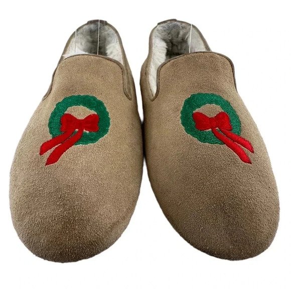 Talbots womens slippers size 7 tan suede festive wreath holiday Christmas - Picture 2 of 11